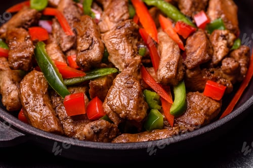 Preview: Delicious Asian teriyaki meat with red and green bell peppers