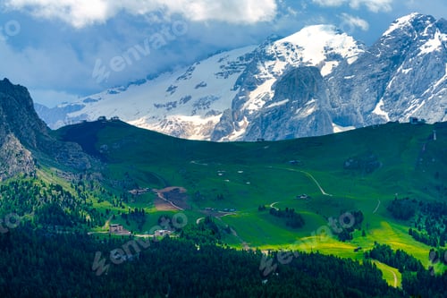 Preview: Mountain landscape along the road to Sella pass, Dolomites