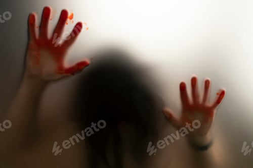 Preview: Shadowy figure with blood behind glass - horror background