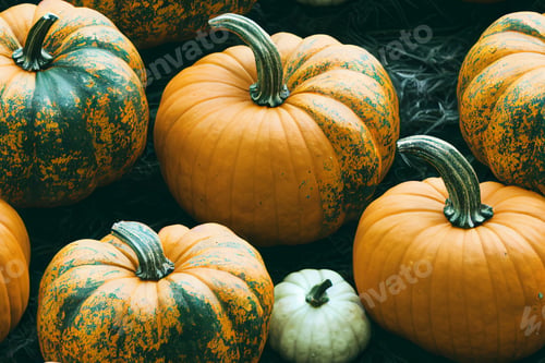 Preview: Colorful pumpkins collection. Autumn background.Happy halloween greeting card in flat lay style.