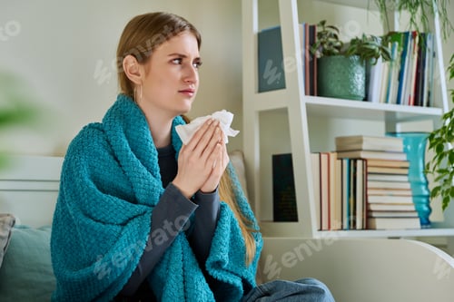 Preview: Young sick woman sitting under warm blanket sneezing coughing in handkerchief