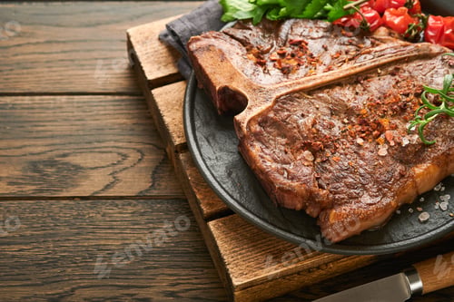 Preview: Steaks T-bone. Sliced beef grilled T-bone or porterhouse meat steak with spices rosemary and pepper