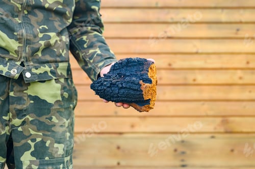 Preview: men's hands hold chaga mushroom raw birch fungus.