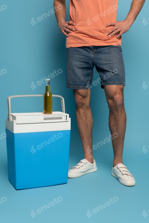 Preview: cropped view of man standing with hands on hips near bottle of beer on portable fridge on blue