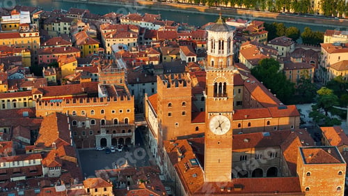 Preview: Verona city skyline, aerial view of Piazza delle Erbe, Torre dei Lamberti, Italy
