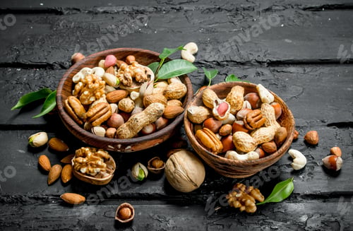 Preview: Assortment of different types of nuts in bowls.