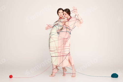 Preview: Stylish twin sisters playfully wrapped in colorful threads create unique artistic expression