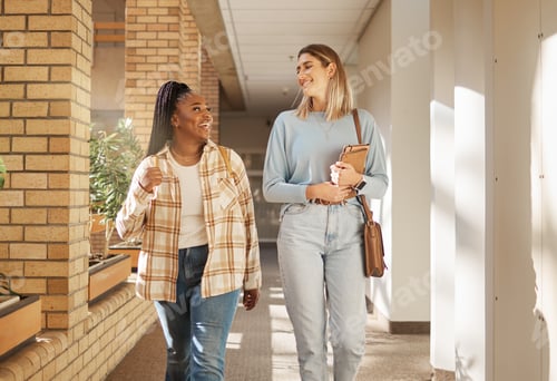 Preview: School, education and university students, women or people walking to class in campus community and