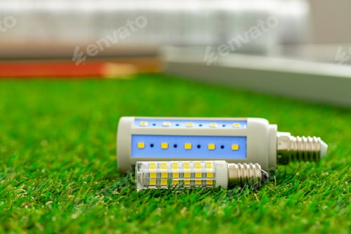 Preview: Energy efficient light bulb lying on grass