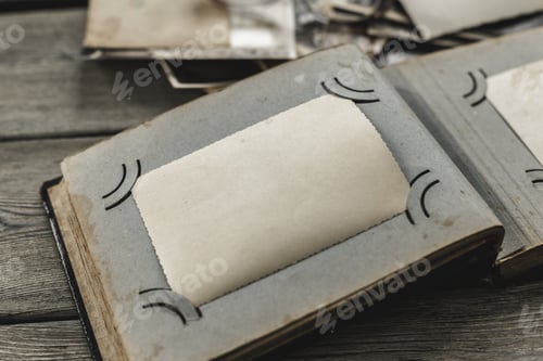 Preview: Old empty photo album resting on wooden table waiting for memories to be filled
