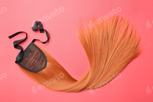 Preview: Lock of straight red hair on color background, top view