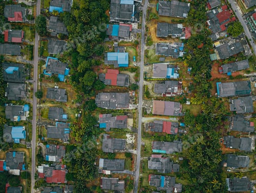 Preview: Drone shot of houses from top view in Felda Air Tawar 4, Kota Tinggi, Johor, Malaysia