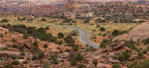 Preview: Scenic Road surrounded by Red Rock Mountains in the Desert. Spring Season