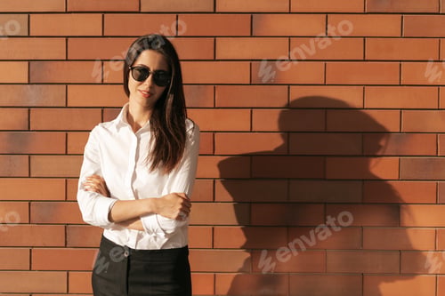 Preview: Young woman portrait on brick background in sunglasses