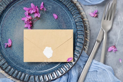 Preview: Wedding table place with sealed envelope near fabric and wild purple flowers top view, mockup