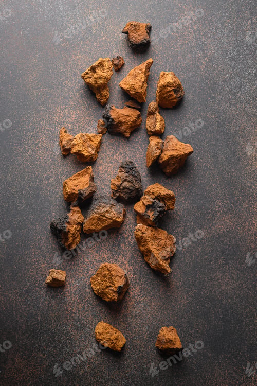 Preview: Chaga birch edible Mushrooms on brown. Trendy healthy superfood for infusion, tea. Top view.