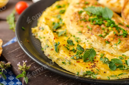 Aperçu: Herb omelette with chives and oregano sprinkled with Herb omelette with chili flakes