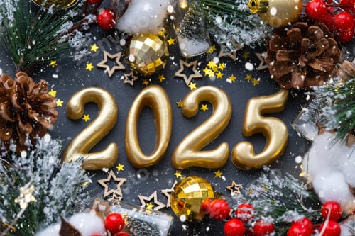 Visualização: As figuras douradas (20-25) feitas de velas em um fundo de ardósia de pedra preta são decoradas com um festi.