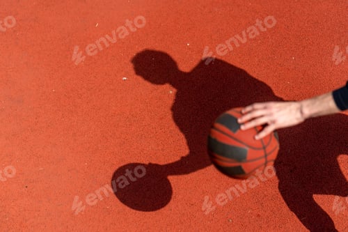 Preview: Close-up of basketball guy's shadow on the floor of a basketball court while dribbling the ball