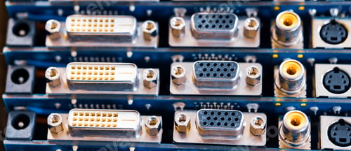 Preview: Close-up blurry metal sockets on a computer video board