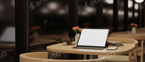 Preview: Tablet mockup with wireless keyboard on the table in minimal coffee shop at night