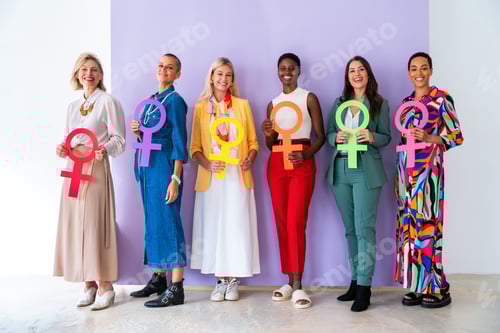 Preview: Empowered Women Standing Together Holding Venus Symbols