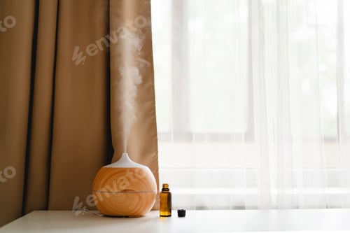 Preview: Aromatherapy concept. Aroma oil diffuser on the table against the window.