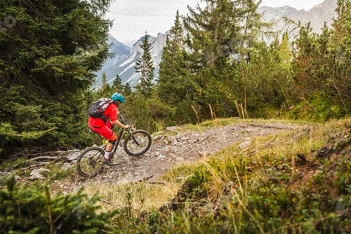 Preview: Mountain biker navigating a rugged trail amidst scenic nature.