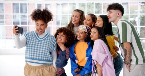 Preview: Silly, people and smile with selfie for photography, social media post and influencer blog of live