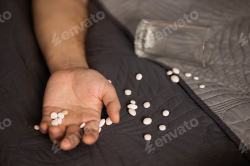 Preview: A lot of white pills, hand, selective focus
