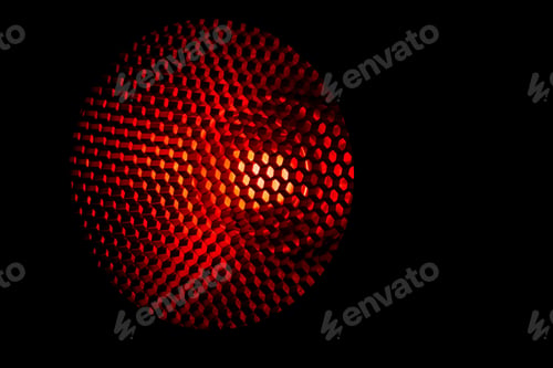 Preview: Closeup honeycomb grid texture with red light. Red and dark metal hexagon shaped pattern abstract