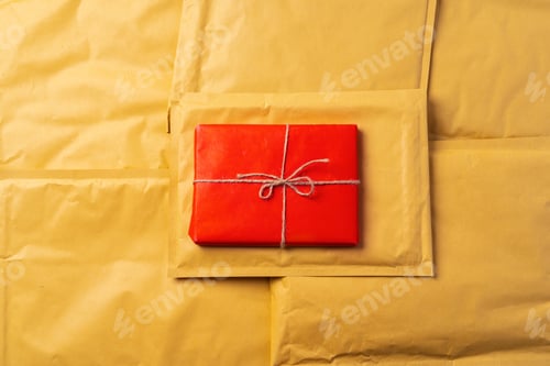 Preview: Lot of yellow paper postal envelopes. Top view.