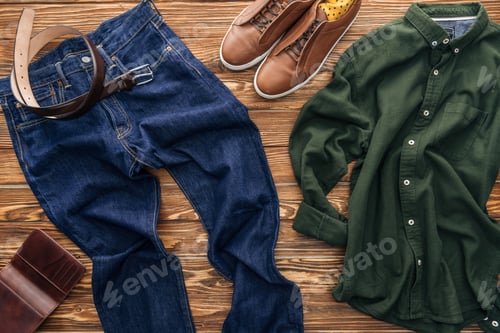 Preview: Top view of green shirt, shoes and jeans on wooden background