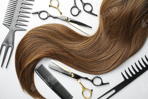 Preview: Beautiful brown hair and hairdresser's tools on white background, flat lay