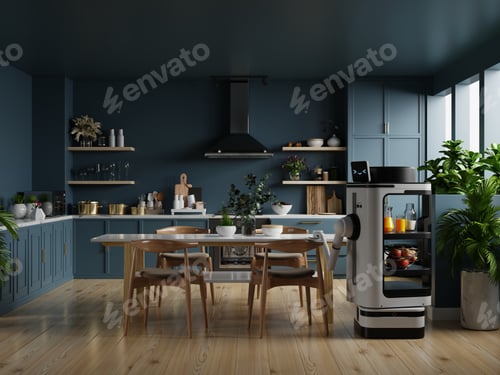 Preview: Modern style kitchen interior design with dark blue wall and AI Robotic