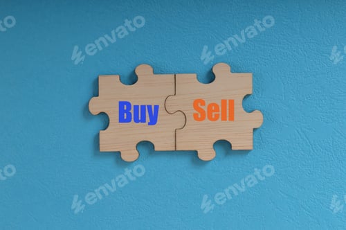 Preview: Wooden jigsaw puzzle with text BUY and SELL.