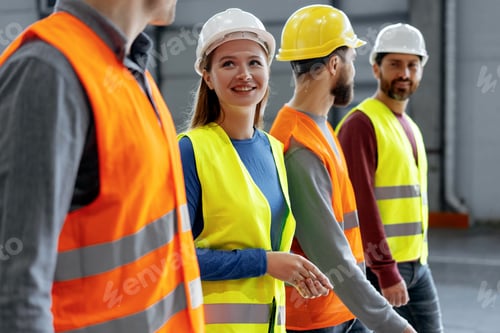 Preview: Confident woman wearing hard hat and vest talking to her colleagues while walking around warehouse