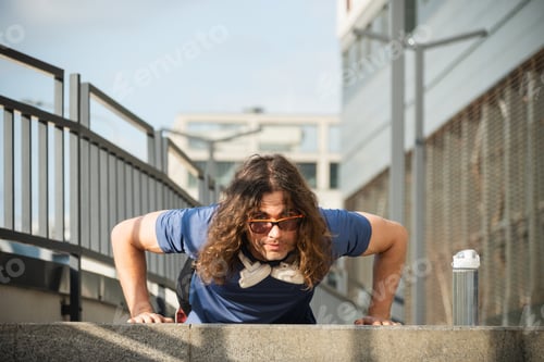 Preview: Athlete does push ups on sport ground. Outdoors training. Morning routine.