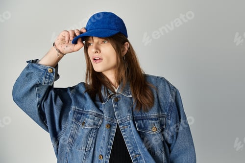 Preview: Young stylish man poses confidently in fashionable denim attire against a minimalist background