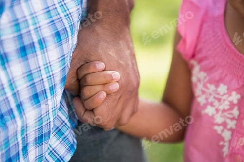 Preview: A young child in a pink dress holding her father's hand.