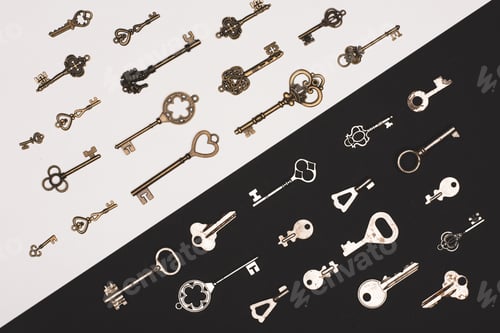Preview: top view of different vintage keys over black and white background
