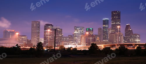 Preview: Night Panoramic Composition Downtown City Urban Skyline Houston