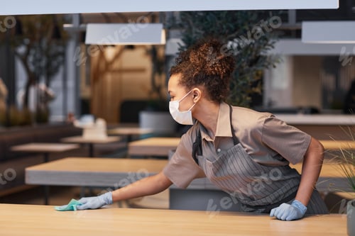 Preview: Woman Sanitizing Tables in Cafe Side View