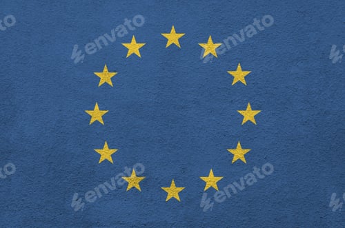 Preview: European union flag depicted in bright paint colors on old relief plastering wall close up
