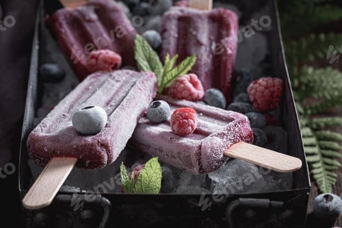 Preview: Purple ice cream sorbet flavored with raspberries and blueberries.