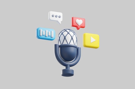 Vista previa: Micrófono azul con íconos multimedia