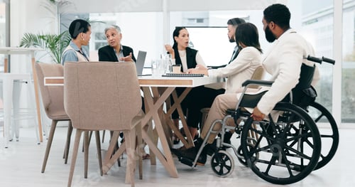 Preview: Inclusive, talking and business people in a morning meeting for collaboration, planning or discussi