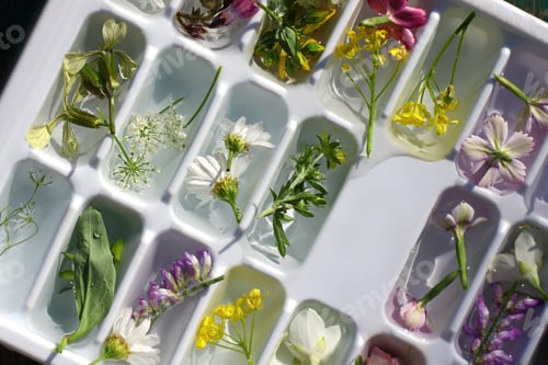Preview: ice mold with water and flowers. summer background
