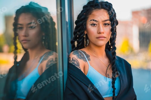 Preview: Urban session. Young woman of black ethnicity with long braids and with tattoos, glass, looking
