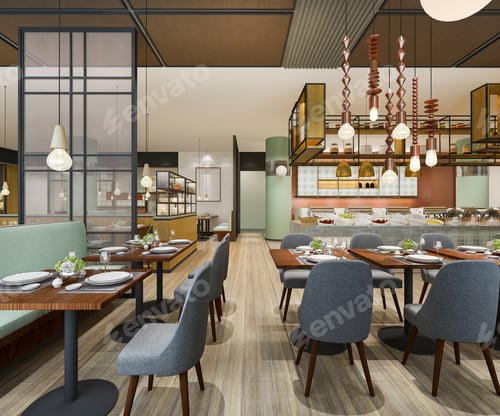 Preview: 3d rendering loft and luxury hotel reception and vintage cafe lounge restaurant